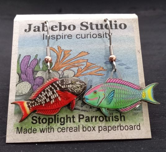 Picture shown is of 1 inch tall pair of earrings of the fish the Stoplight Parrotfish.